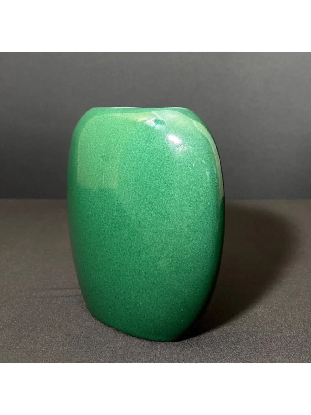 Vintage Green Vase Ceramic Glossy Finish Asymmetrical Oval Shape Modern Design